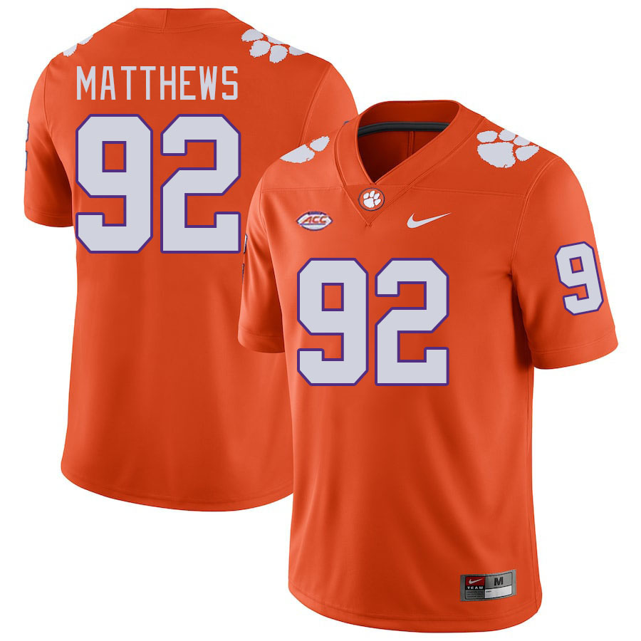 Men's Clemson Tigers Levi Matthews #92 College Orange NCAA Authentic Football Stitched Jersey 23SO30FJ